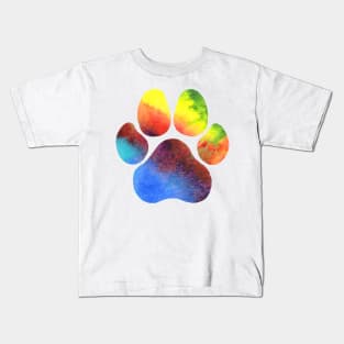 Rainbow Stripe Watercolor Paw Print Kids T-Shirt